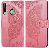 Voor Huawei Y7P Butterfly Love Flower reliÃ«f horizontaal flip lederen tas met beugel / kaartsleuf / portemonnee / lanyard (roze)