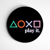 IDecorate - Schilderij - Playstation Play It. Spreuken - Zwart, Wit, Blauw En Roze - 120 X 120 Cm