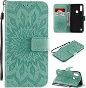 Voor Motorola Moto E6s (2020) Geperst afdrukken Zonnebloempatroon Horizontale flip PU lederen hoeshouder & kaartsleuven & portemonnee & lanyard (groen)