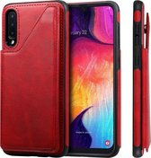 Voor Galaxy A50 schokbestendig kalfsleer beschermhoes met houder en kaartsleuven en frame (rood)