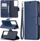 Voor Samsung Galaxy S21 Ultra 5G Lambskin Texture Pure Color Horizontale Flip PU Leather Case met Houder & Kaartsleuven & Portemonnee & Lanyard (Blauw)