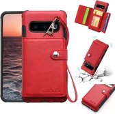 Voor Galaxy S10e schokbestendige pc + TPU beschermhoes, met kaartsleuven en portemonnee en fotolijst en draagkoord (rood)
