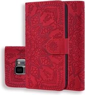 Kalfspatroon dubbel opvouwbaar design lederen hoes met reliëf en portemonnee & houder & kaartsleuven voor Galaxy S9 (rood)