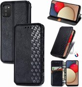 Voor Samsung Galaxy A02s (US Edition) Cubic Grid Pressed Horizontal Flip Magnetic PU Leather Case met houder & kaartsleuven & portemonnee (zwart)
