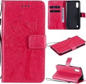 Voor Samsung Galaxy M01 Tree & Cat Pattern Pressed Printing Horizontale Flip PU Leather Case met houder & kaartsleuven & portemonnee & Lanyard (Rose Red)