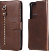 Voor Samsung Galaxy S21 Ultra 5G Mode Kalf Textuur Rits Horizontale Flip Lederen Case met Houder & Kaartsleuven & Portemonnee (Bruin)