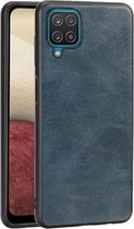 Voor Samsung Galaxy A12 Crazy Horse getextureerd kalfsleer PU + pc + TPU-hoesje (blauw)