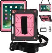 Voor iPad 9.7 contrastkleurige siliconen + pc-combinatiebehuizing met houder (zwart + roze rood)