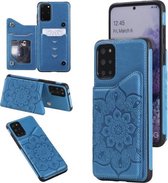 Voor Samsung Galaxy S20 + bloem reliëfpatroon schokbestendig beschermhoes met houder & kaartsleuven en fotolijst (blauw)