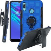Voor Huawei Y6 (2019) 3 in 1 Cube PC + TPU beschermhoes met 360 graden draaien zwarte ringhouder (blauw)