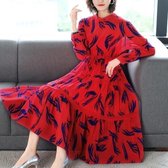 Dames zijden moerbei lange mouw bedrukte lange jurk (kleur: rood maat: L)-Rood