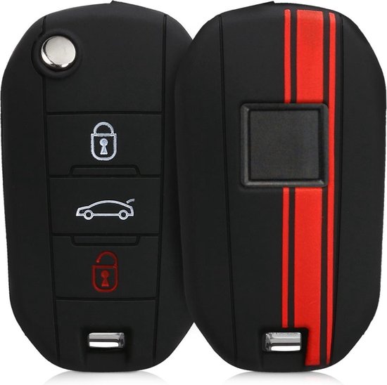 kwmobile autosleutel hoesje geschikt voor Peugeot Citroen 3-knops inklapbarep autosleutel - Autosleutel behuizing in rood / zwart - Rallystrepen design