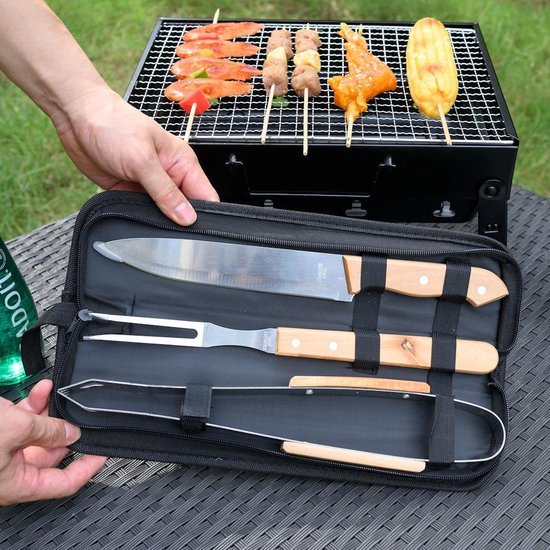 Decopatent® 4 Delig BBQ Gereedschapset in Draagtas - Barbeque accessoires Set - Grill - Barbeque Tang Spatel Vleesvork - Rvs/Hout