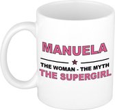Naam cadeau Manuela - The woman, The myth the supergirl koffie mok / beker 300 ml - naam/namen mokken - Cadeau voor o.a verjaardag/ moederdag/ pensioen/ geslaagd/ bedankt