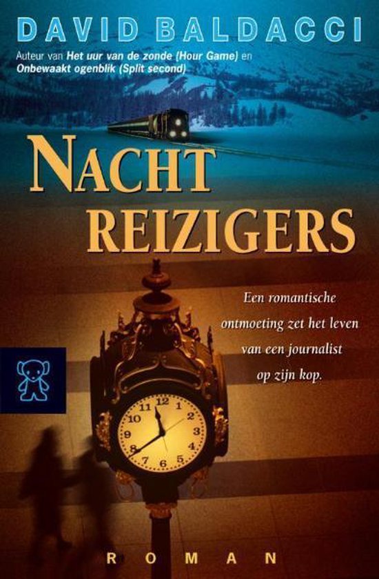Boekomslag 'Nachtreizigers' van David Baldacci. Een trein rijdt door een besneeuwd landschap boven een klok.