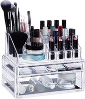 Relaxdays Make up organizer met 2 lades - acryl make up toren - doorzichtig - 16 vakken - doorzichtig