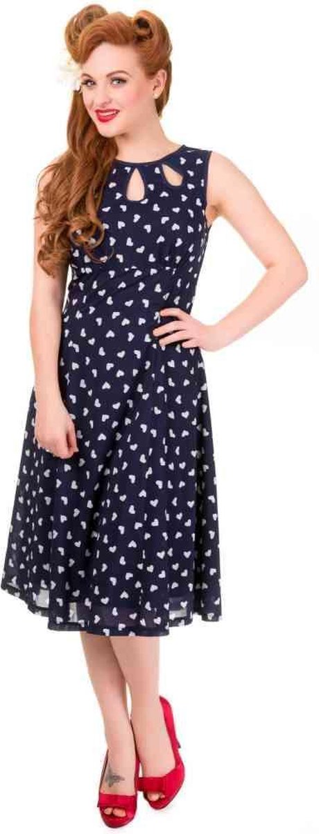 Dancing Days - Songbird Flare jurk - Hartjes - S - Blauw/Wit