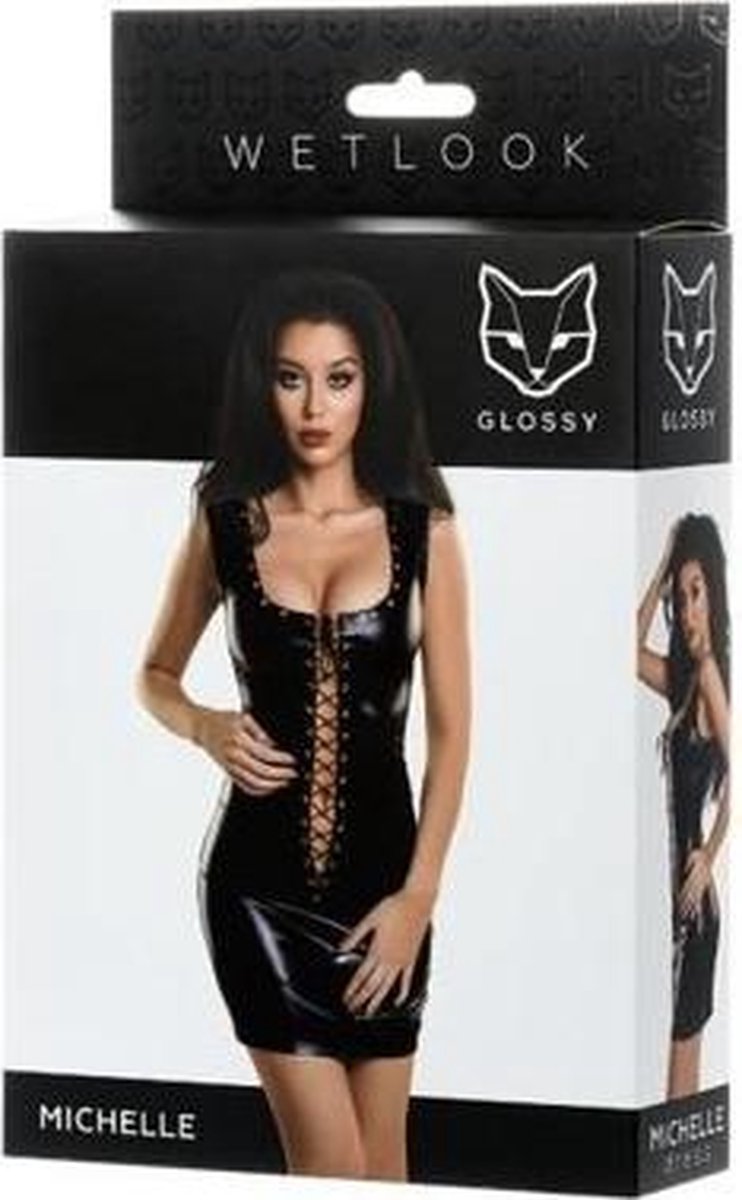 Glossy Shiny Wetlook dress with a lace - S