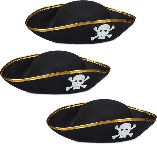 relaxdays 3 x piratenhoed zwart in set - hoed - doodskop - carnaval – piraten | bol.com