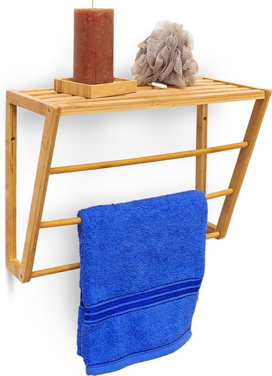 Relaxdays handdoekrek muur - bamboe - met plankje - badhanddoekhouder muurbevestiging