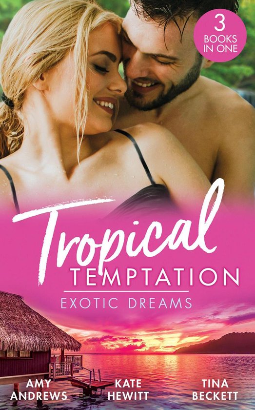 Koppel omhelst bij zonsondergang met 'Tropical Temptation: Exotic Dreams' titel in roze en paars. 3 boeken in één.