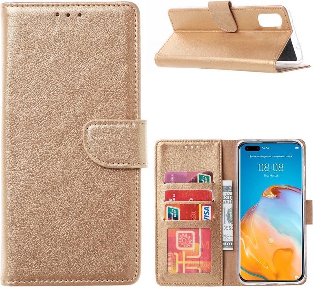 Bookcase Geschikt voor: Huawei P40 - Goud - portemonnee hoesje
