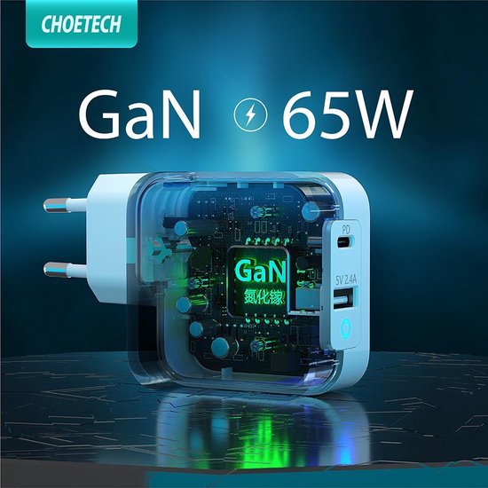 Choetech - Dual GaN-Tech stroomadapter USB-C/USB-A - Power Delivery - 65W