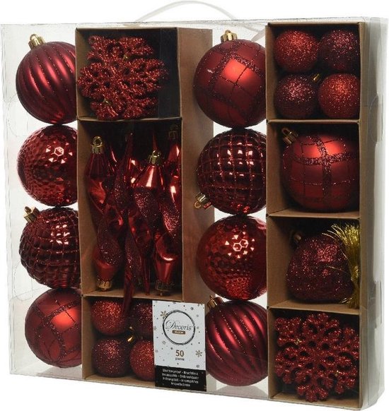 50x Rode kerstballen figuur hangers cm - Glans en glitter - | bol.com