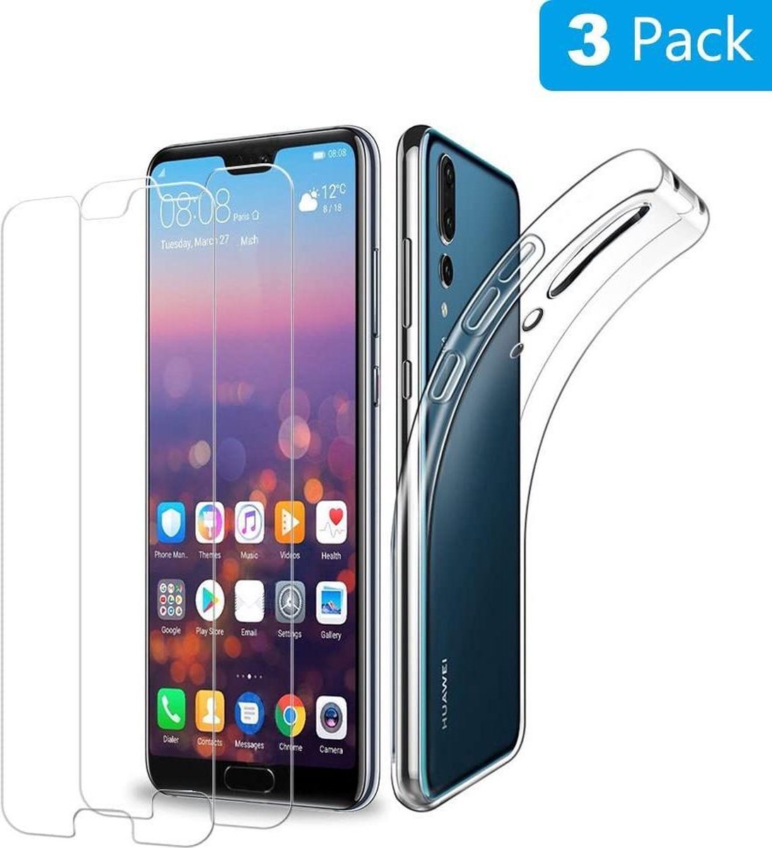 Huawei P20 Lite 2018 Silicone hoesje + 2X Tempered Glas Screenprotector