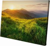 Groen landschap met zonsondergang | 90 x 60 CM | Natuur |Schilderij | Canvasdoek | Schilderij op canvas
