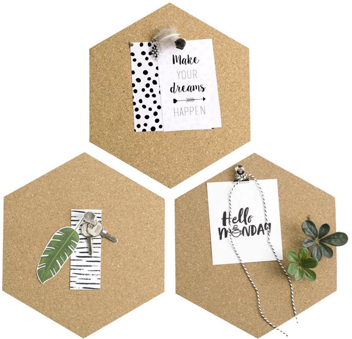 Dresz Kurk Prikbord - Prikbord - Zeshoek - Zelfklevend - 20 x 23 x 0,7 cm - Set van 3 Stuks