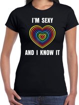 Regenboog hart Sexy and I Know It gay pride / parade zwart t-shirt voor dames - LHBT evenement shirts kleding / outfit XS