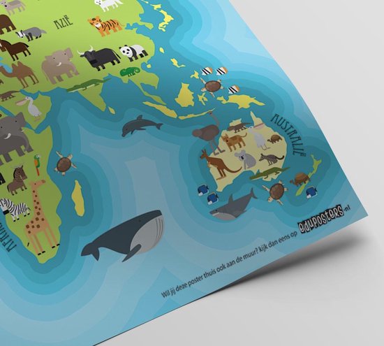 Educatieve poster (Posterpapier) - Topografie onze wereld dierenrijk - 70 x 50 cm (B2)