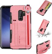 Voor Galaxy S9 + stoffen textuur + TPU schokbestendige beschermhoes met metalen ring en houder & kaartsleuven en ophangriem (roze)