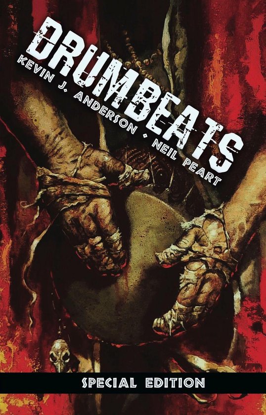 Boekomslag met de titel DRUMBEATS in witte letters, met handen die een trommel vasthouden. Special Edition.