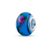 Quiges - Glazen - Kraal - Bedels - Beads Blauw met Roze Rozen en Zwarte lijnen Past op alle bekende merken armband NG2003