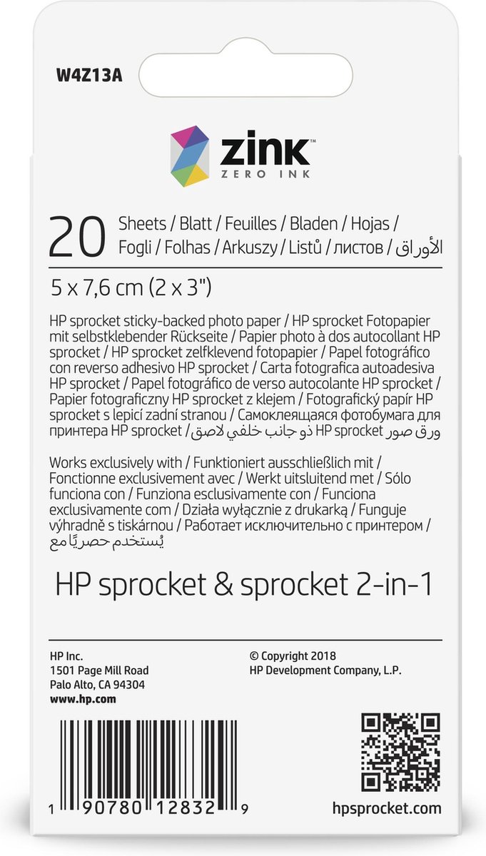 HP Sprocket zelfklevend fotopapier - 20 stuks | bol.com