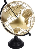 Decoratie wereldbol/globe zwart/goud metaal 28 x 35 cm - Metaaldraad wereldbal - Landen/contintenten topografie in het Engels - Woonaccessoires/woondecoraties