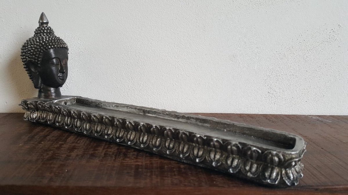 Wierookhouder - Wierookplank - Zwart/zilver - Metaal - Boeddhahoofd - 28 x 4,5 cm