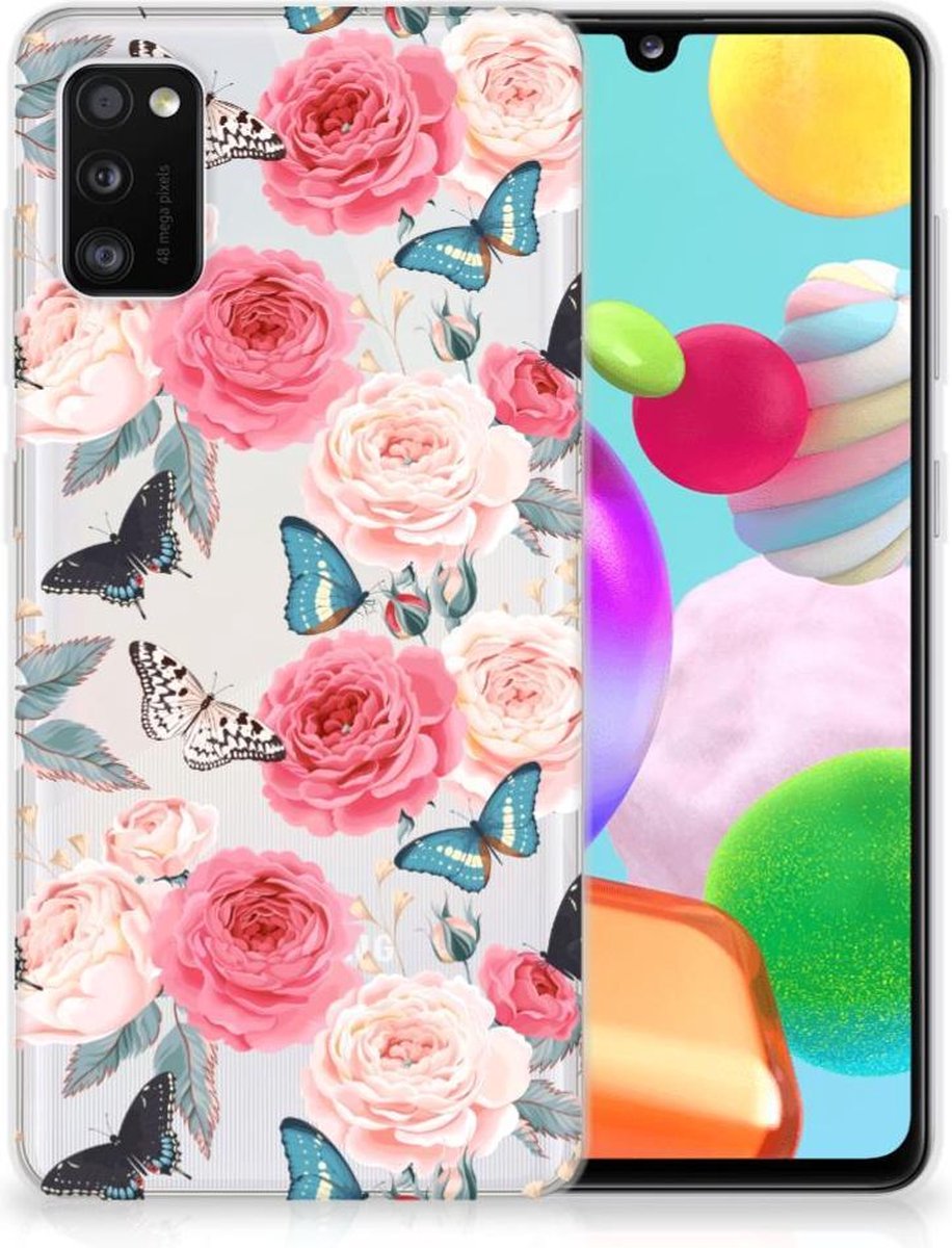 Back Cover voor Samsung Galaxy A41 TPU Case Butterfly Roses