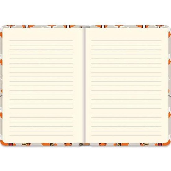 Binnenzijde van een notitieboek met gelinieerde pagina's, omrand door een patroon van vossen.