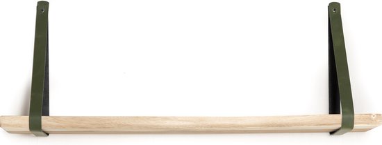 Wandplank Suar hout - 120cm x 17,5cm x 3cm incl. groene leren dragers