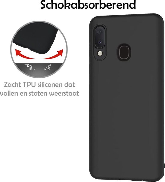 Coque de téléphone noire avec le texte 'Absorbe les chocs' et 'Silicone TPU souple résistant aux chutes et aux impacts'.