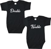 Romper tweeling - Double Trouble - Romper zwart - Maat 62/68 - Kraamcadeau tweeling - Tweeling cadeau - Baby cadeau tweeling - Tweeling geboren