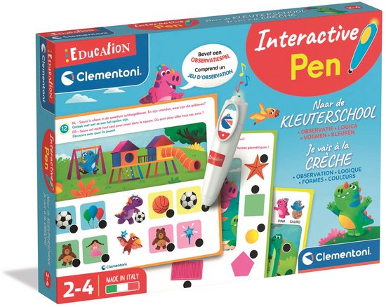 Doos van het Clementoni Interactieve Pen Educatief Observatie Spel 'Naar de Kleuterschool' met dinosaurussen en speeltoestellen.