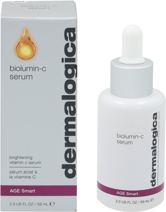 Dermalogica Biolumin-C Serum fles en doosje. Het doosje toont een serum druppel.