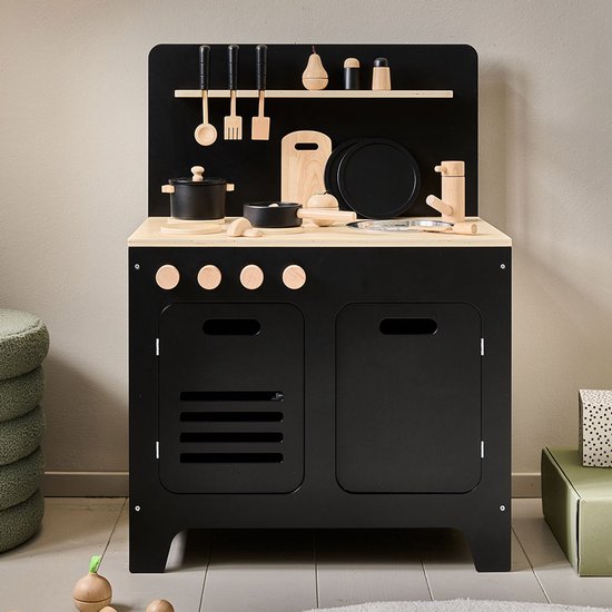 Petite Amélie Speelkeuken Hout Zwart - Kinderkeuken inc. 13 speelgoed keukenaccessoires - Moderne & Elegante kleur - Elke Dag een Culinaire Droom