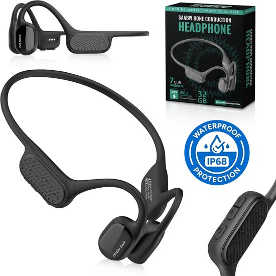 Casque audio à conduction Bone Saabw Premium - Écouteurs Sport - Écouteurs sans fil - Écouteurs Sport - Écouteurs avec lumière - Carte mémoire interne 32 Go - Résistant à l'eau - Zwart