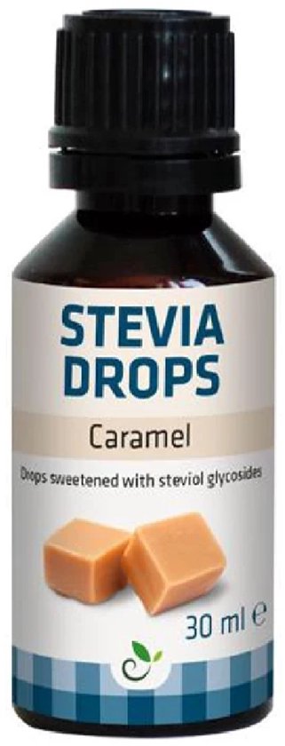 Stevia Drops Caramel, gouttes édulcorées avec des glycosides de stéviol, avec deux cubes de caramel illustrés.