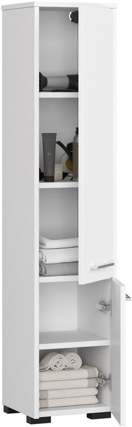 Witte badkamerkast opengewerkt met spullen zoals toiletartikelen en handdoeken.